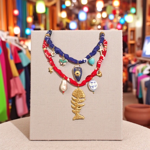 2 piece bandana necklaces , evil eye, beach themed, fish bone - Picture 7 of 7